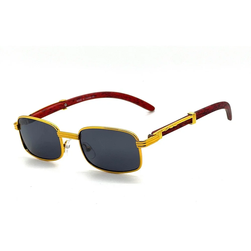 Men's Gold Frame Sunglasses Square Dark Lenses Red Wood Accent Sophisticated New